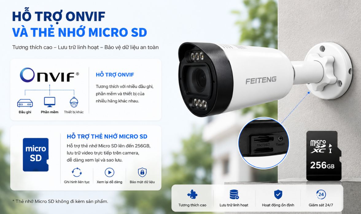 Hỗ trợ chuẩn ONVIF và lưu trữ qua Micro SD