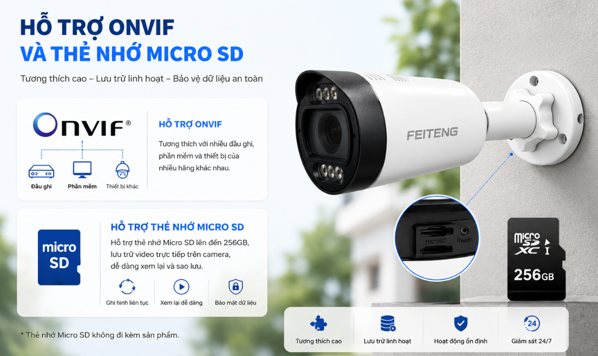 Hỗ trợ ONVIF và thẻ nhớ Micro SD