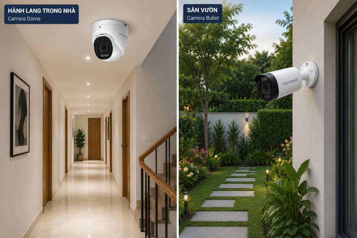 Camera dome tại hành lang và camera bullet tại sân vườn