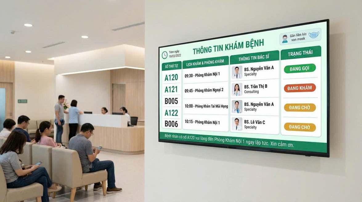 Màn hình quảng cáo hiển thị số thứ tự và lịch khám